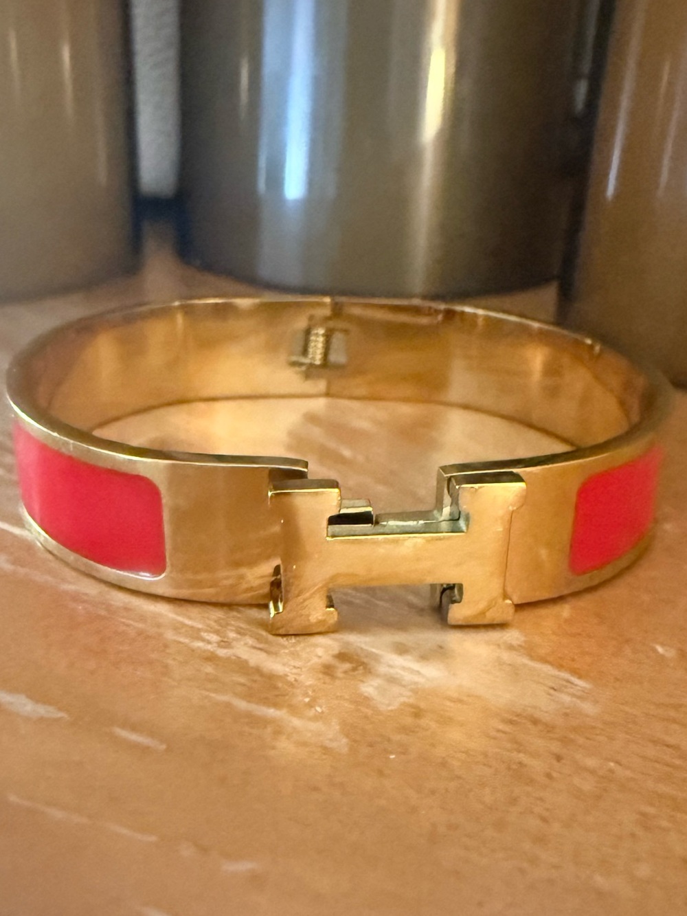 Gold Tone H-Closure Hinged Cliq Bangle with Bright Red Enamel NEW